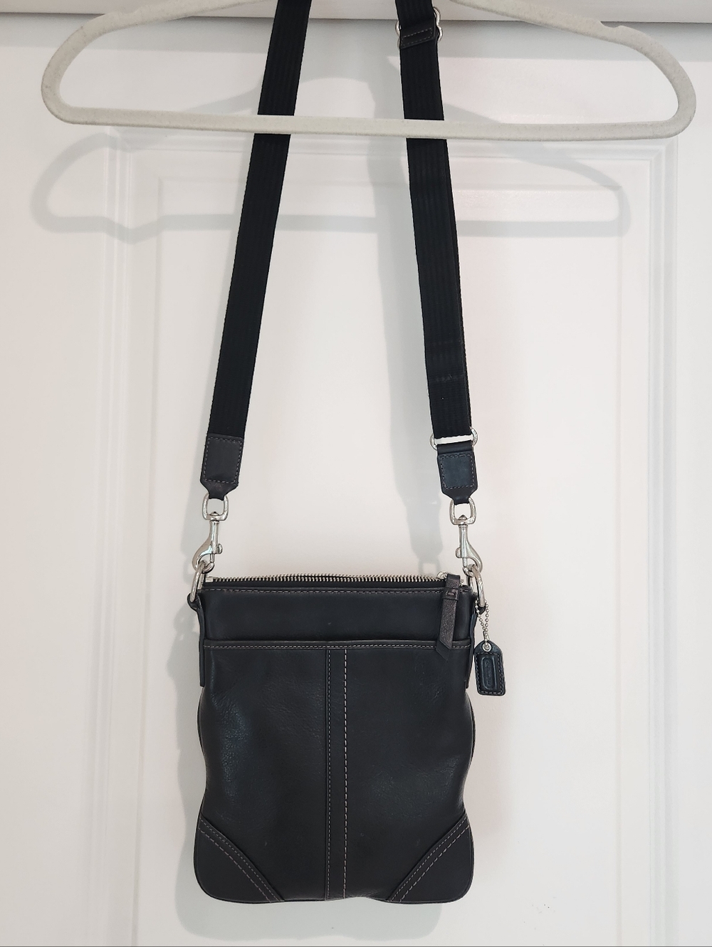 Coach Black Leather Messenger Crossbody with Contrast Stitching